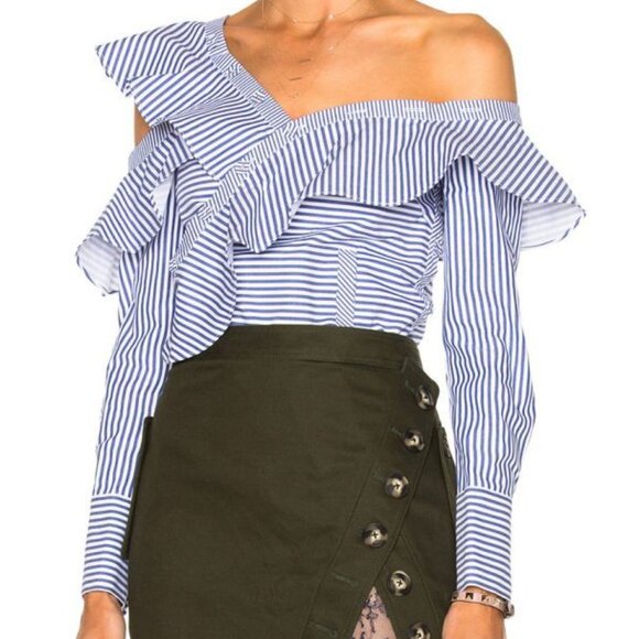 Self-Portrait Tops - Self-Portrait Striped Frill Shirt Blue White Cotton Ruffle Blouse Women's size 4